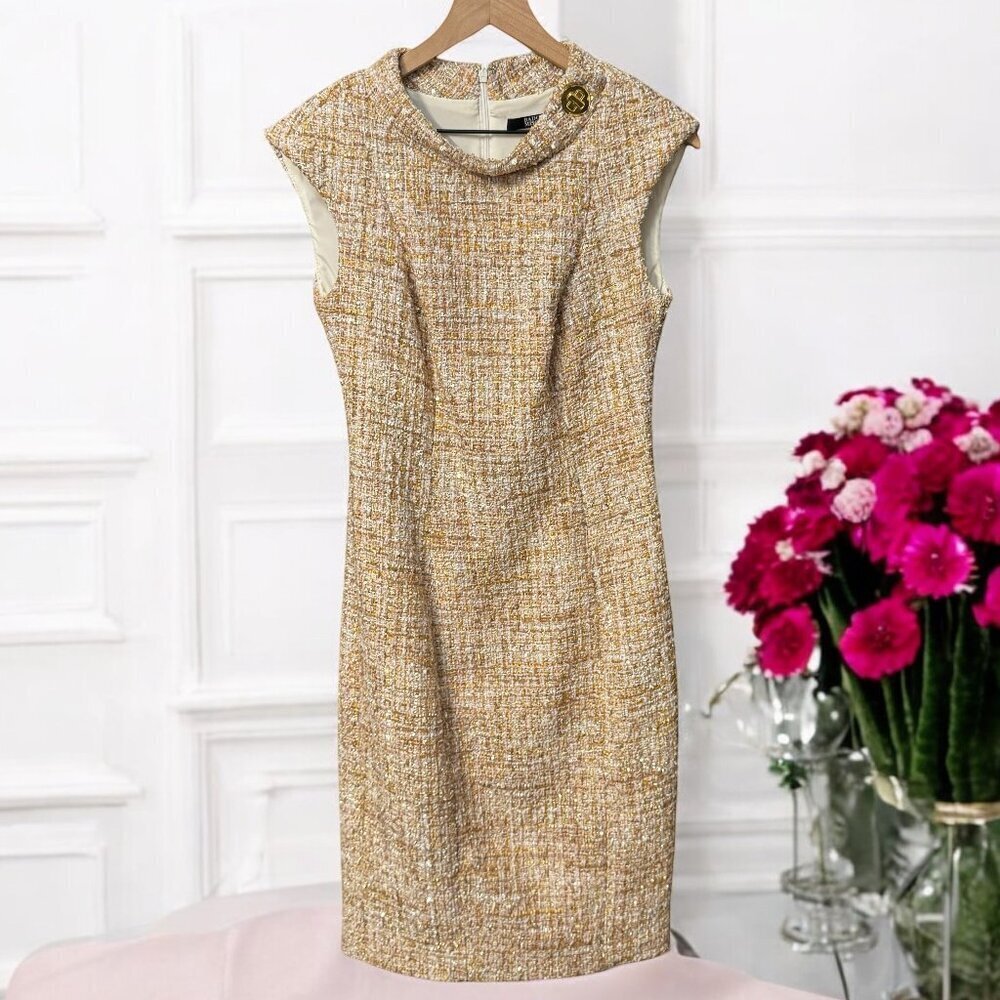 Badgley Mischka Tan Metallic Tweed Size 6 Dress